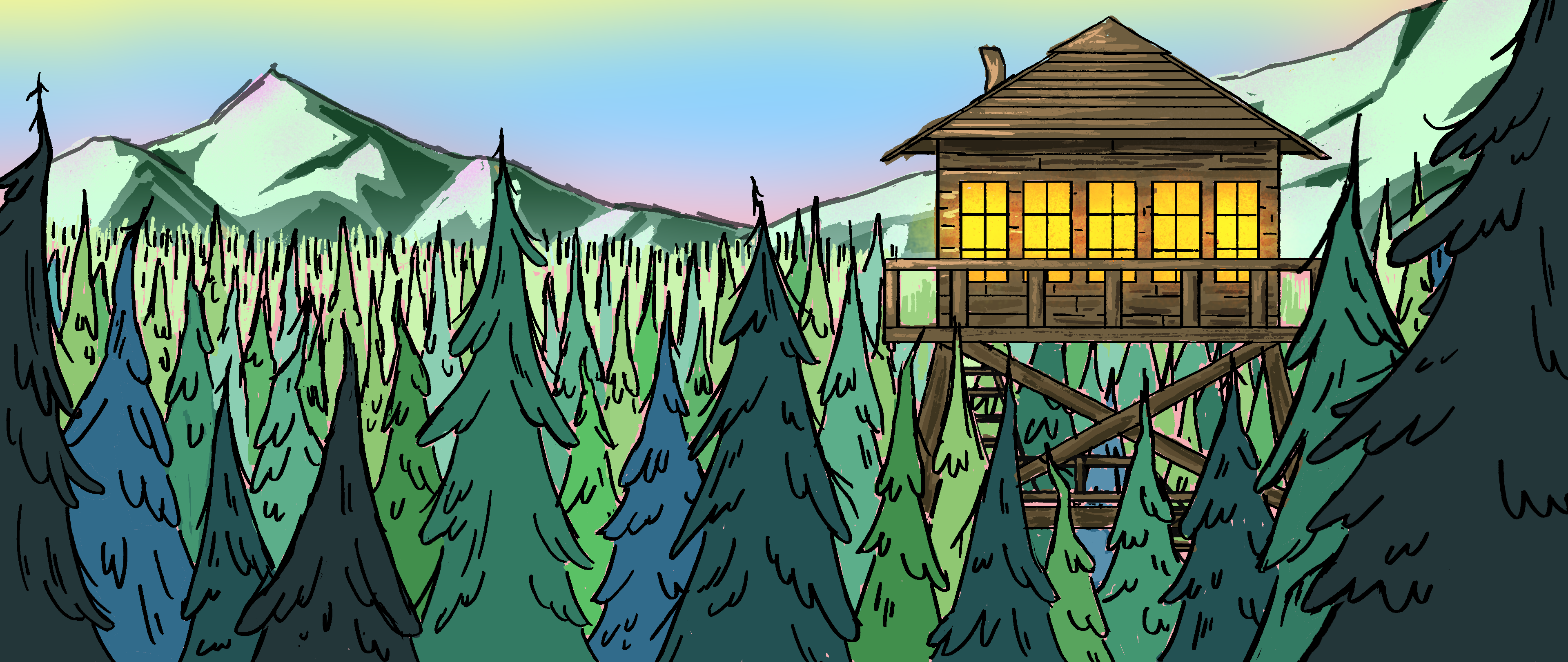 An exterior of the Firewatch Tower, during spring